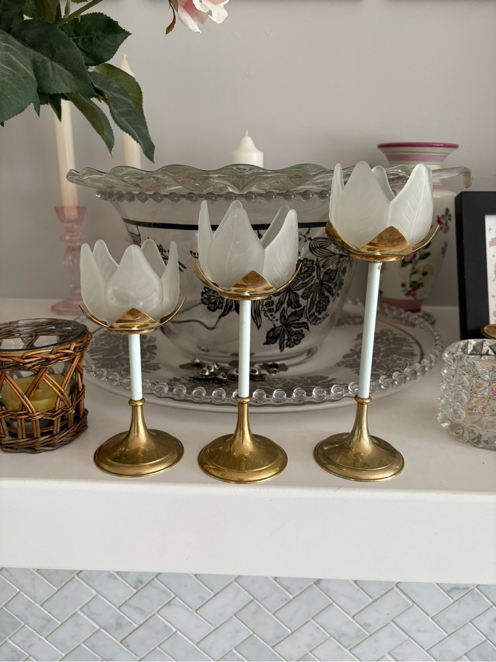 Brass & White Tulip Glass Candle Holders Set of 3